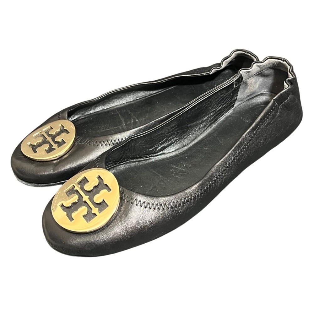 Tory Burch Minnie Travel Ballet Flats 7.5M Black Gold Logo Leather Medallion‎